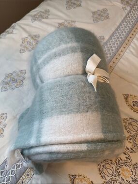 LOFT Soft Green and Cream Striped Throw Blanket